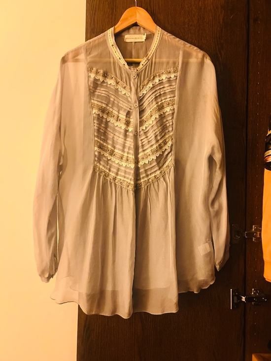 Anthropologie Tops - Light Blue Lace-Trim Button-Up Womens Blouse